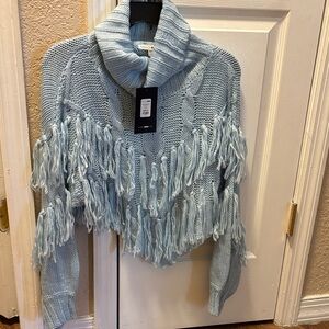 Fashion Nova Light Blue Fringe Turtleneck Sweater
